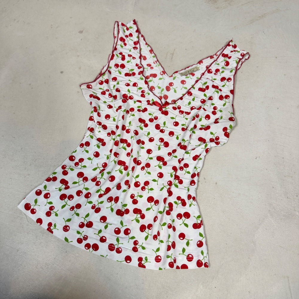 Be Cool Cherry Print V-Neck Tank Top Lettuce Edge Trim White Red Small